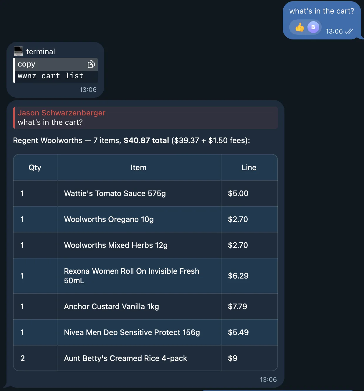 list woolworths cart